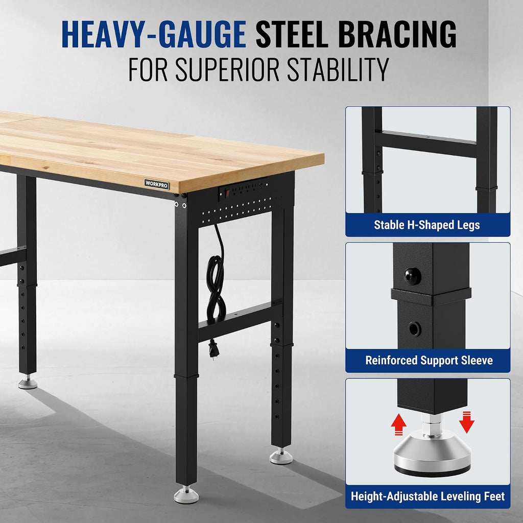WORKPRO 96x24' Heavy-Duty Adjustable Workbench, 4000LBS Load Capacity Work Table with Power Outlet & Pegboard, Rubber Wood Top Workstation with Leveling Foot for Garage, Workshop