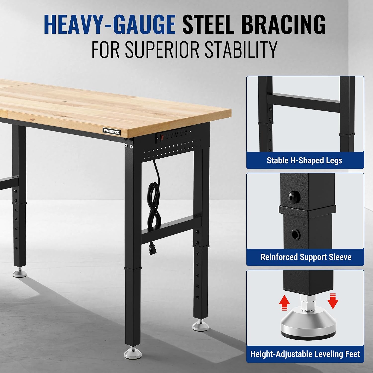WORKPRO 96x24' Heavy-Duty Adjustable Workbench, 4000LBS Load Capacity Work Table with Power Outlet & Pegboard, Rubber Wood Top Workstation with Leveling Foot for Garage, Workshop