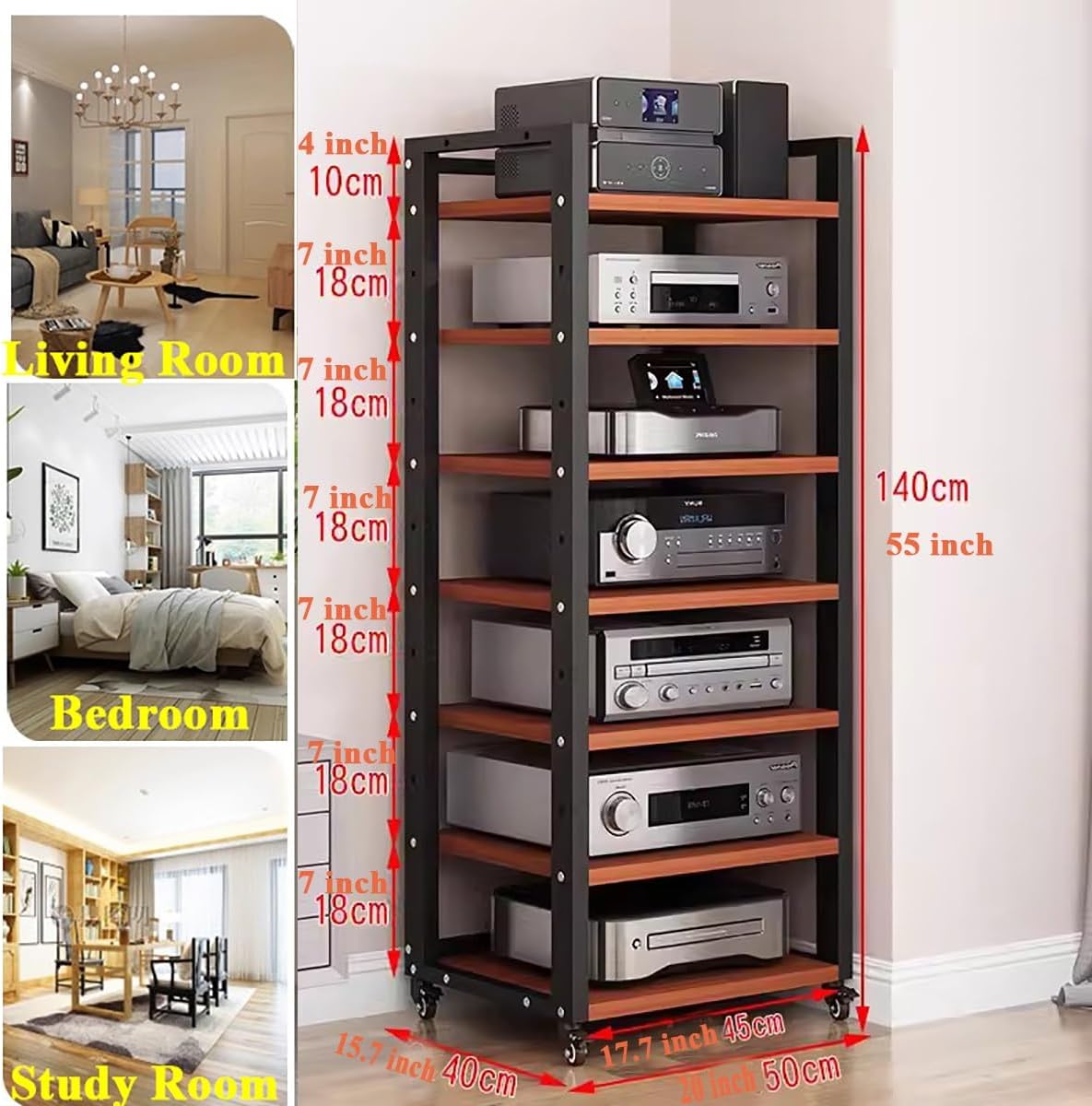 Media Stand 7 Tier 55 Inch Tall Audio Equipment Rack Rolling Cart, Large Stereo Cabinets Turntable Record Player Shelf Av Media Tower with Storage, Office Home Bedroom Li,Black7 Tier