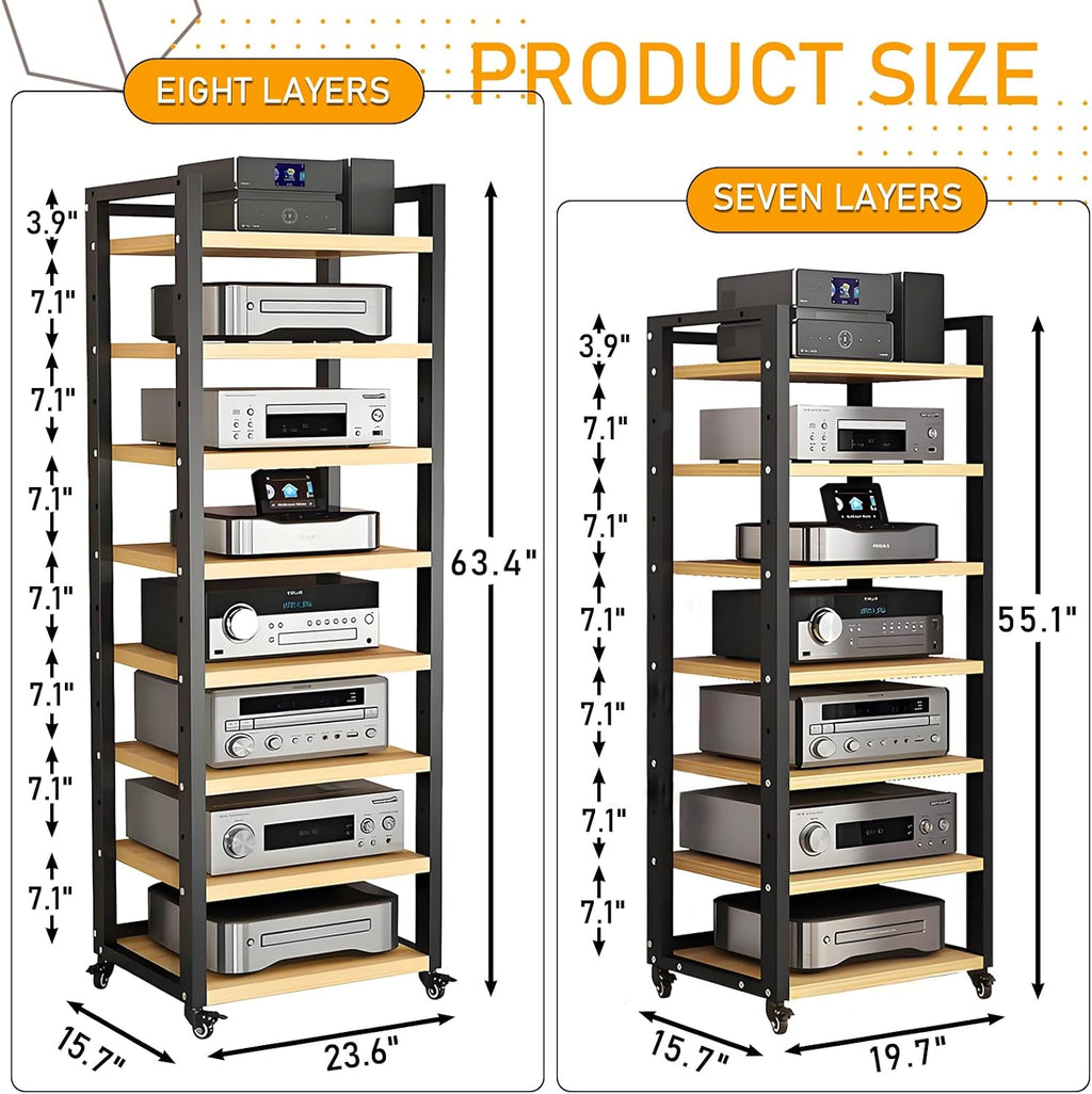 AV Media Stand, 7/8-Tier Corner TV Stand with Height Adjustable Wooden Shelves, Audio Component Rack, Media Audio Tower Cabinet, Stereo Cabinet for Living Room, Gaming Room, Music Studio
