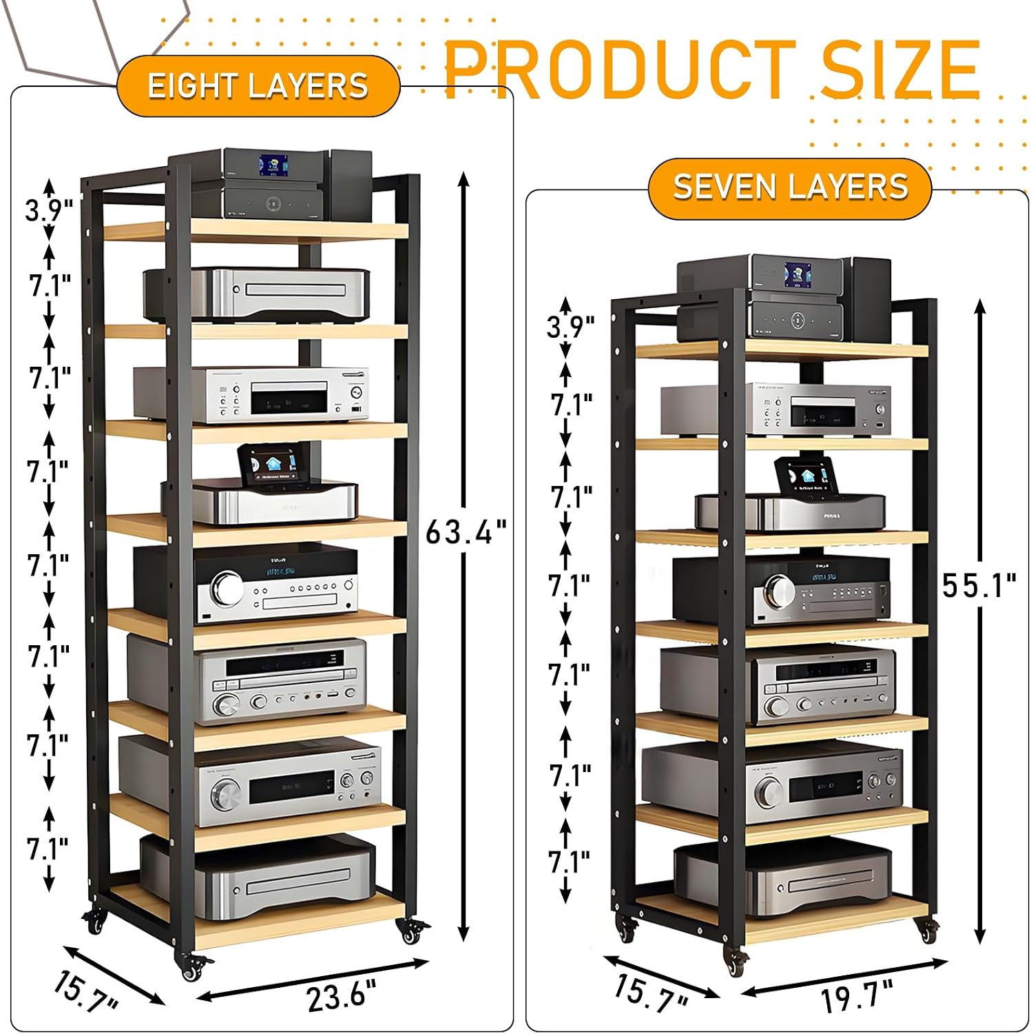 AV Media Stand, 7/8-Tier Corner TV Stand with Height Adjustable Wooden Shelves, Audio Component Rack, Media Audio Tower Cabinet, Stereo Cabinet for Living Room, Gaming Room, Music Studio
