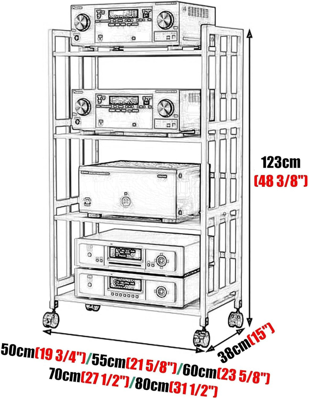 Movable Audio Equipment Cabinet w/Adjustable Shelf, Home Stereo Rack System Complete for Cd Player and Speakers, 1-5 Tier Av Component Stand(Brown,55x123cm)