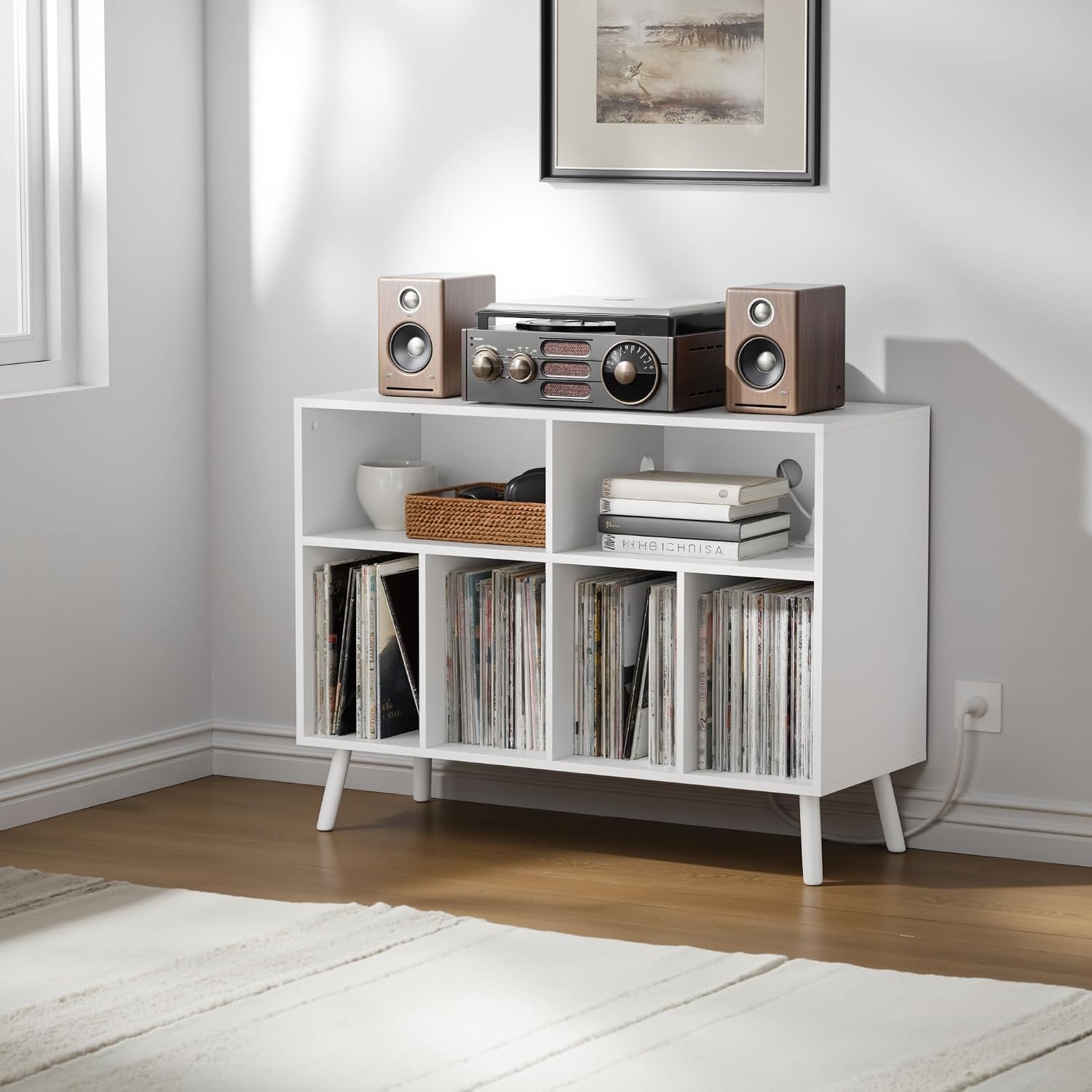 Cozy Castle Record Player Stand with Vinyl Storage Cabinet, Wood Turntable Table Open Shelf Holder Up to 350 Albums Cube Storage Organizer for Living Room, Office, White