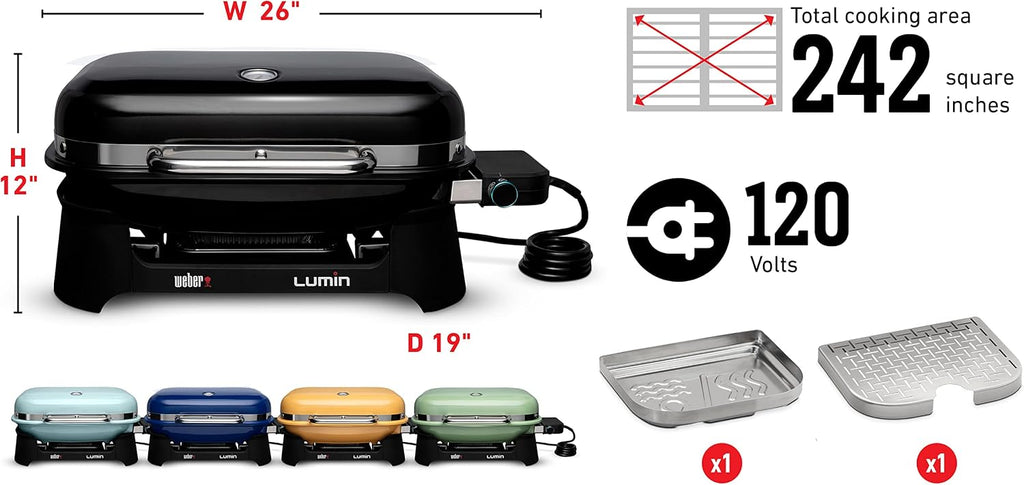 Weber Lumin Portable Electric Grill, Black – High‑Heat Outdoor BBQ Reaching 600°F for Searing, Smoking, Steaming & Warming – Ideal for Samll Spaces & Travel