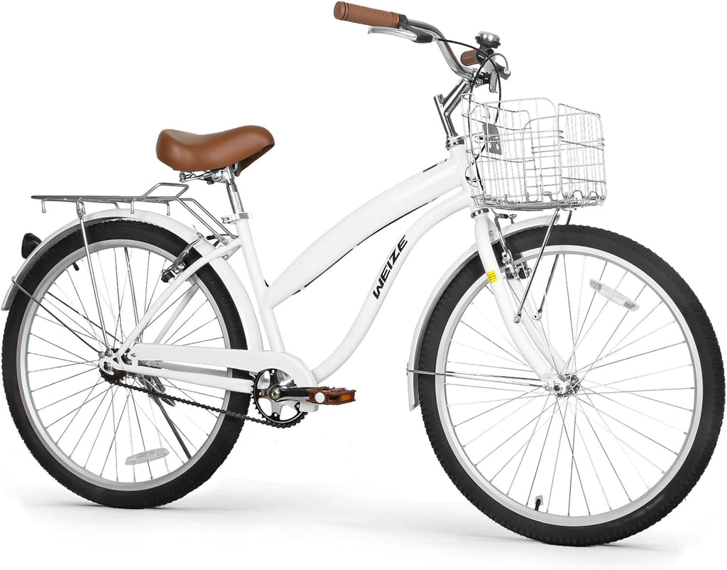 WEIZE Beach Cruiser Bike, 24 & 26 inch Commuter Bicycle for Adult Men and Women,High-Carbon Steel/Front & Rear Fenders, Comfortable City Bikes with Rear Rack or Basket, Ergonomic Upright Design