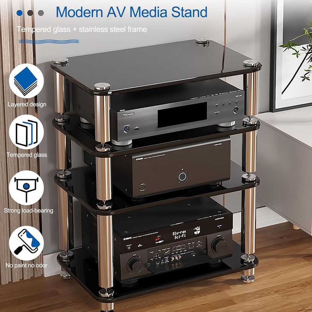 Audio Rack AV Media Stand with 1/2/3/4-Tier Tempered Glass Shelves, Storage Rack Audio Tower Equipment Console Shelf, for Home Office Theater(White,10cm/3.9in)
