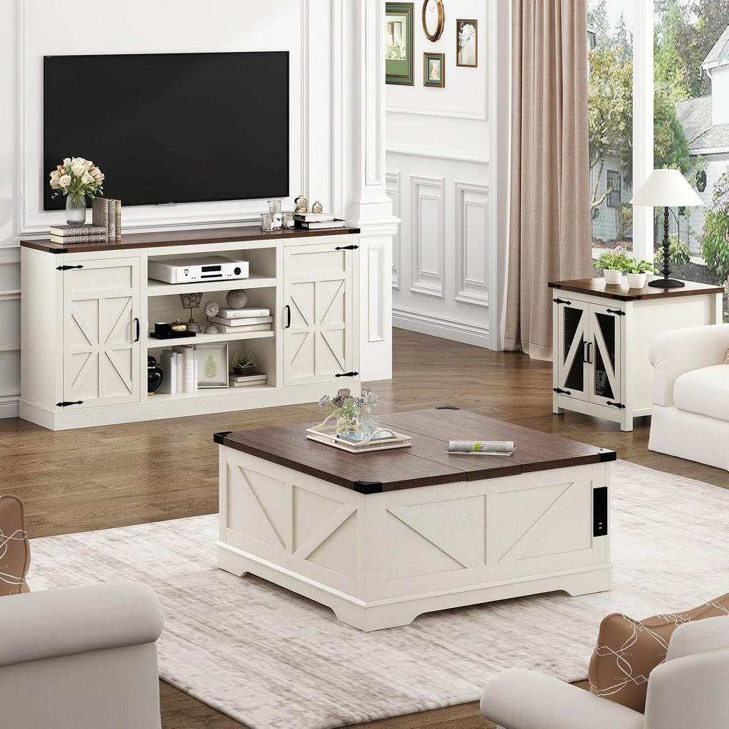 Hlivelood 66' Farmhouse TV Stand with Power Outlets for 75 Inch TVs, 33' Tall Entertainment Center with Storage Cabinets w/Adjustable Shelves, Rustic Large TV Media Console, Rustic White