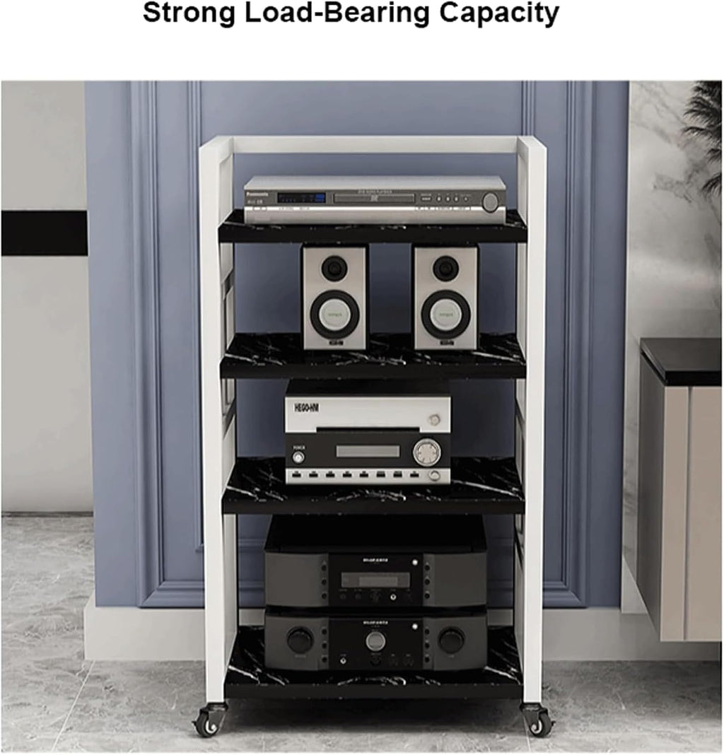 Audio Rack 4 Tier Stereo Rack Audio Equipment Rack Wooden Audio Rack Cabinet Open HiFi Rack with Wheels Audio Component Rack Durable(Wei�)