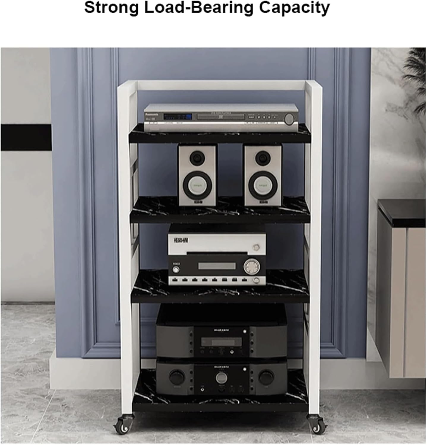 Audio Rack 4 Tier Stereo Rack Audio Equipment Rack Wooden Audio Rack Cabinet Open HiFi Rack with Wheels Audio Component Rack Durable(Wei�)