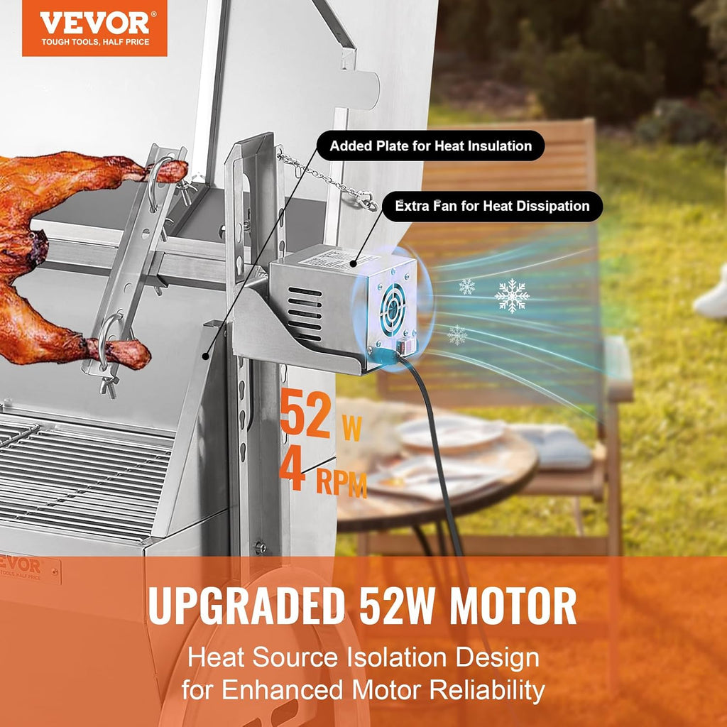 VEVOR Rotisserie Grill with Hooded Cover Roaster, 46 Inch 198Lbs Capacity, BBQ Outdoor Pig Lamb Rotisserie Roaster, Electric 52W Motor Stainless Steel Roasterfor Camping Outdoor Barbecue