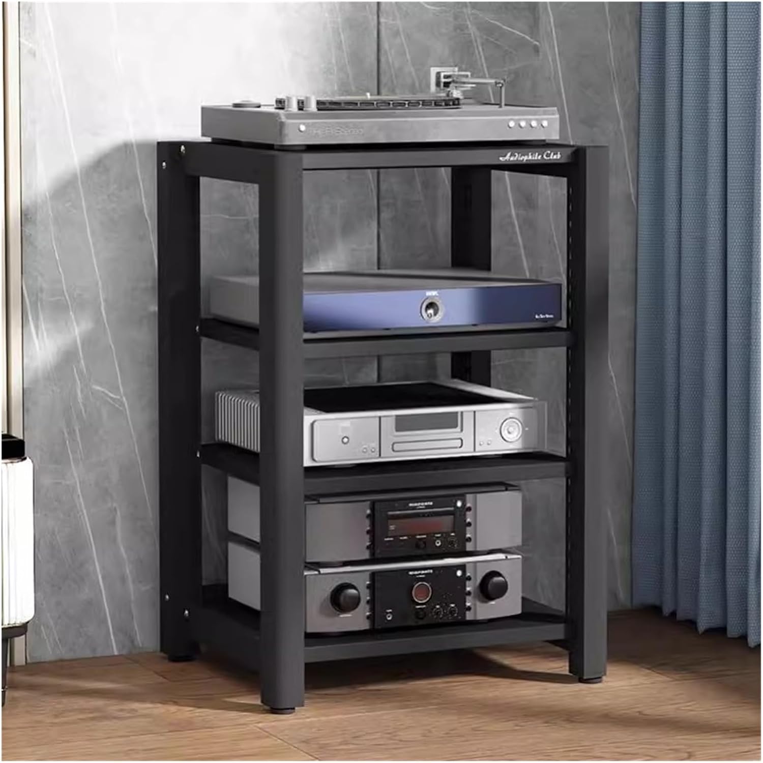 4 Tier Corner Shelf Media TV Console Storage Cabinet, Stereo Equipment Audio Vedio Stand, Player CD DVD Speaker for Living Gaming Recording