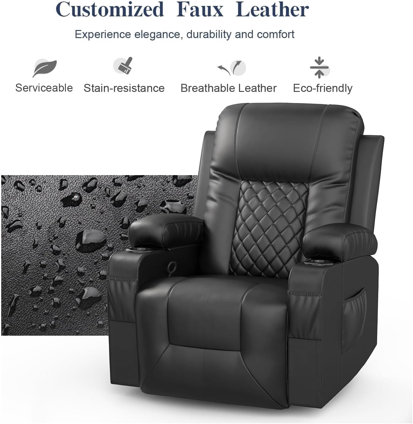 Recliner Chair, Swivel Rocker Recliner with Massage & Heat, Reclining Chair with Cup Holder & Pocket, 360° Swivel Home Theater Seating Lounge Recliner