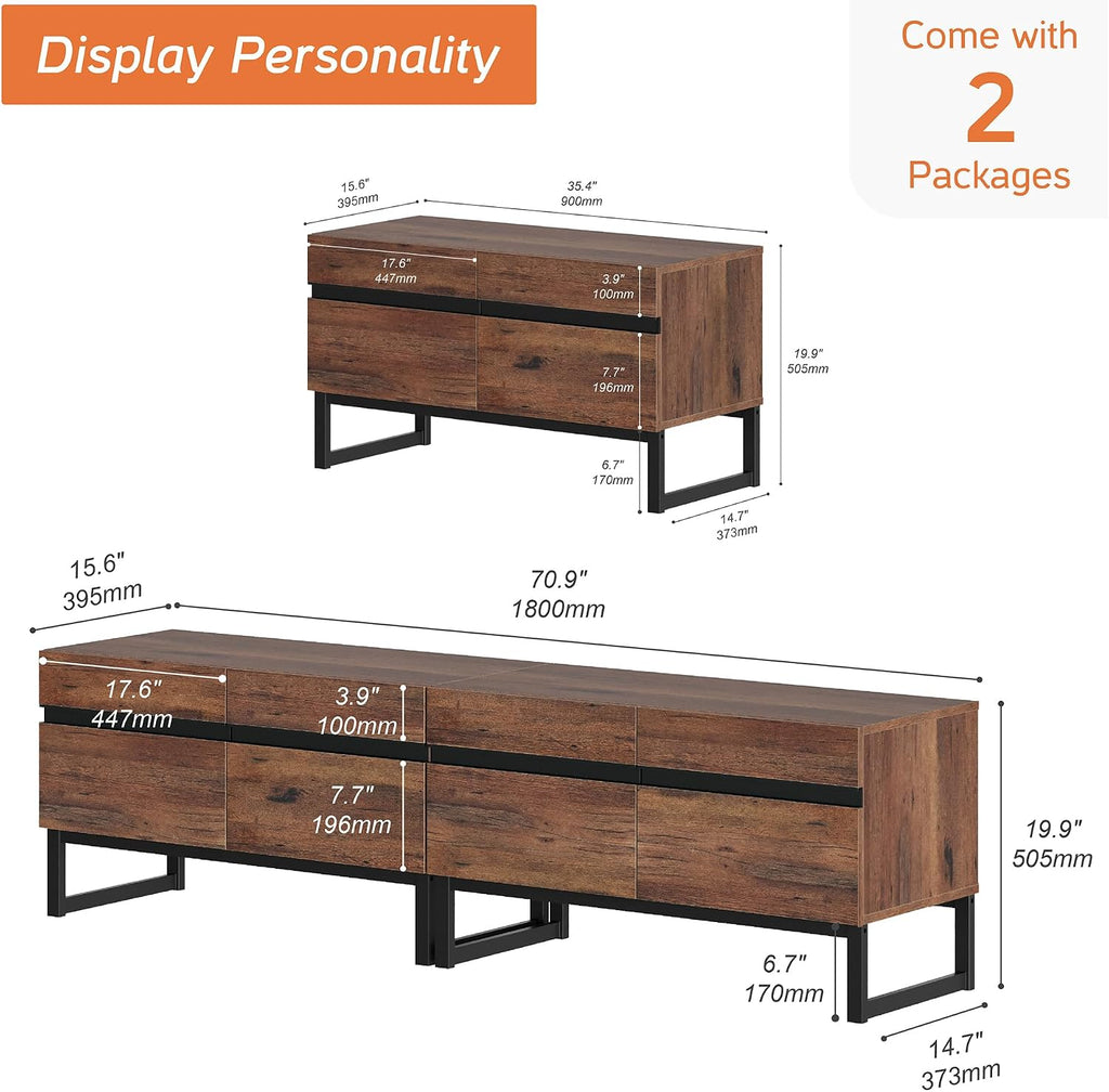 WAMPAT Modern TV Stand for 50-75 Inch TVs, Wood Entertainment Center with Metal Base Storage Cabinets, Media TV Console for Living Room, Brown, 2Pcs