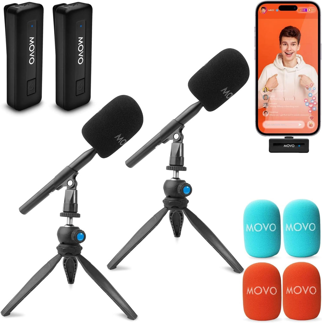 Movo WireL Mini DI-Duo Wireless Microphone for iPhone Podcast Equipment Bundle with WMX-HM Handle/Desktop Mic Stand - Wireless iPhone Mics for Podcasting, Interviews, and Content Creation