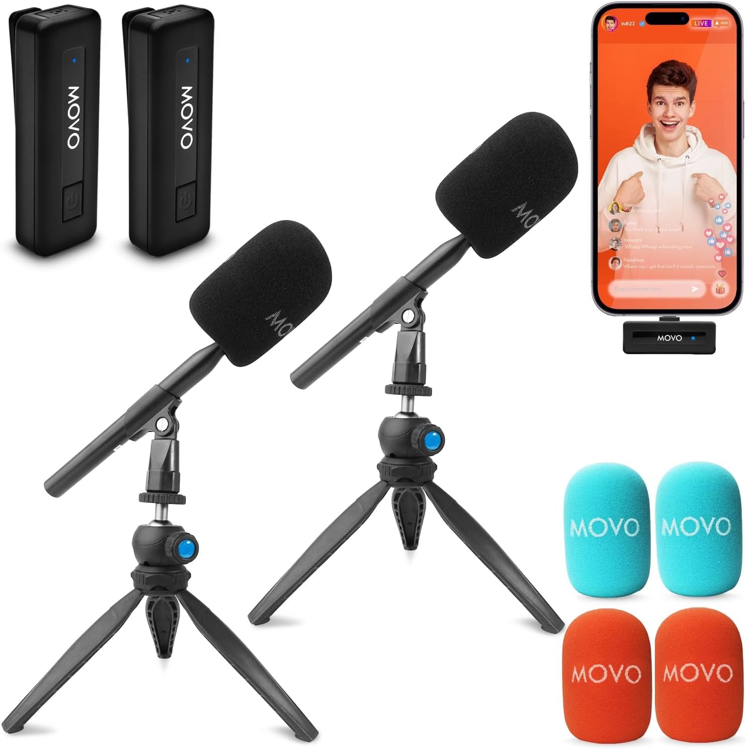 Movo WireL Mini DI-Duo Wireless Microphone for iPhone Podcast Equipment Bundle with WMX-HM Handle/Desktop Mic Stand - Wireless iPhone Mics for Podcasting, Interviews, and Content Creation