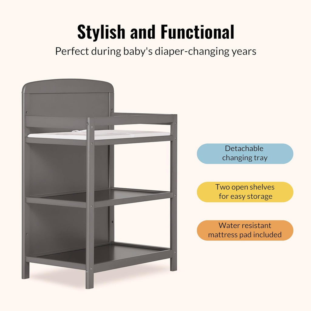 Dream On Me Anna 3-in-1 Convertible Full-Size Baby Crib & Changer with Storage in Steel Grey, GreenGuard Gold & JPMA, Pinewood, Converts to Day & Toddler Bed, 3 Mattress Heights, 1″ Changing Pad