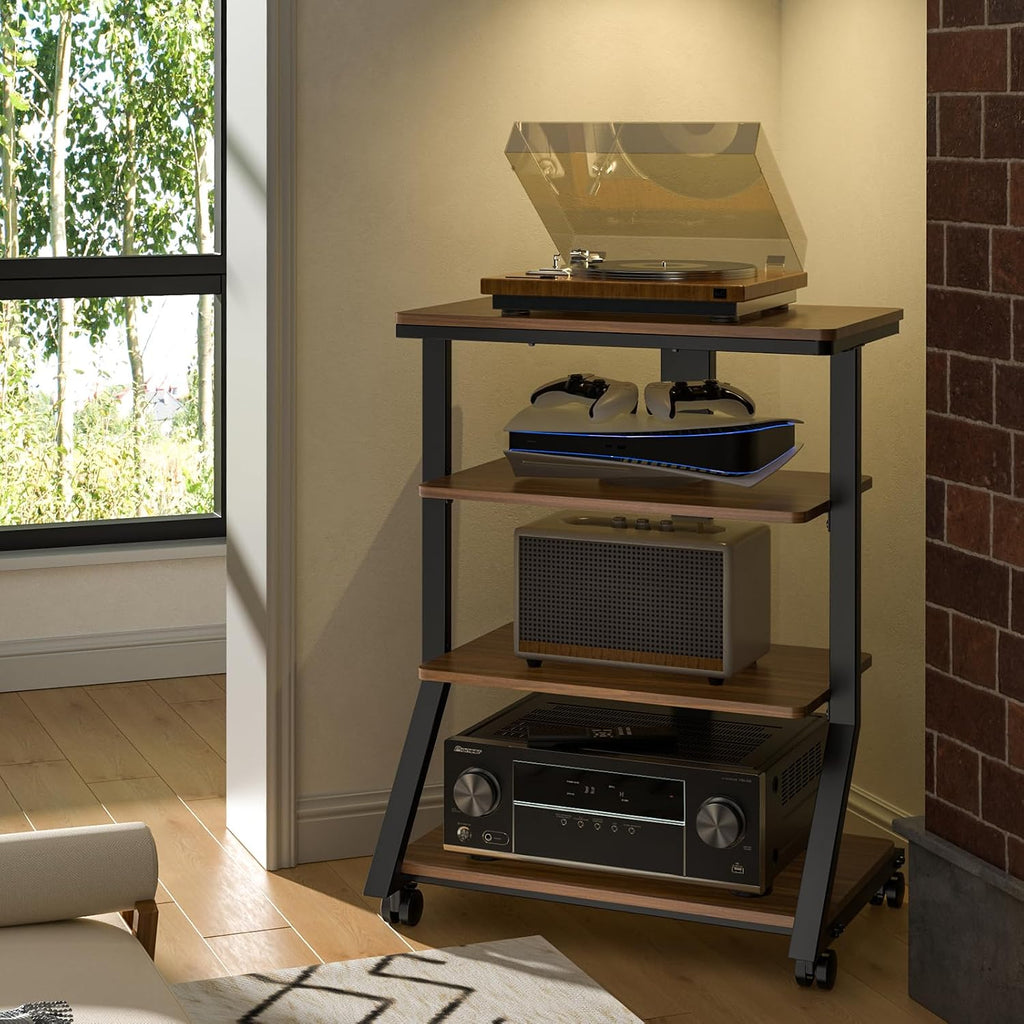 Rfiver 4-Tier AV Media Stand with Wheels, Mobile Rack Audio Tower with Height Adjustable Shelves, Wooden Stereo Racks and Stands, Stereo Stand for Record Player, TV Box, Corner Entertainment Center