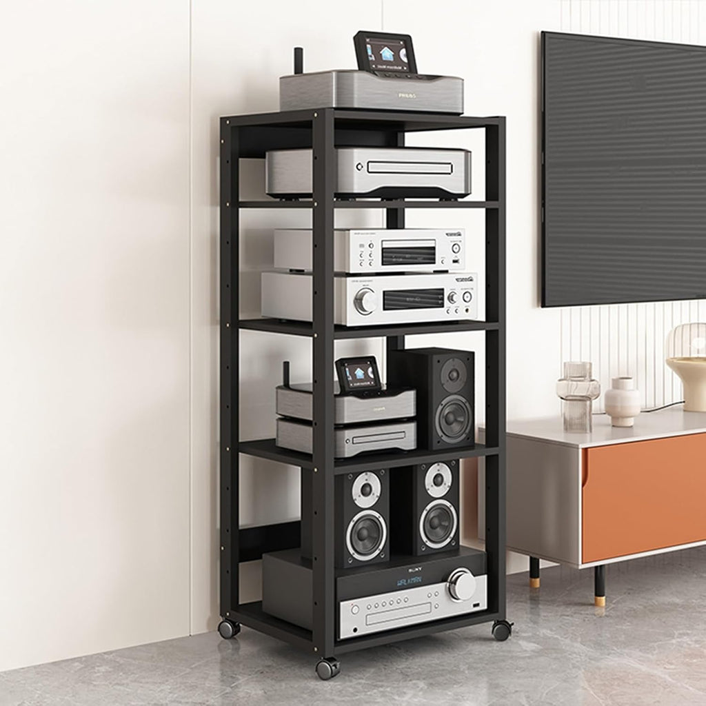 Audio Rack Av Tower Media Stand 5 6 7 Tier Electronics Equipment Shelf, Black Movable Record Player DVD Holder, Entertainment Video Game Console Cabinet Shelf(131cm/51.6in high(5 Tier))