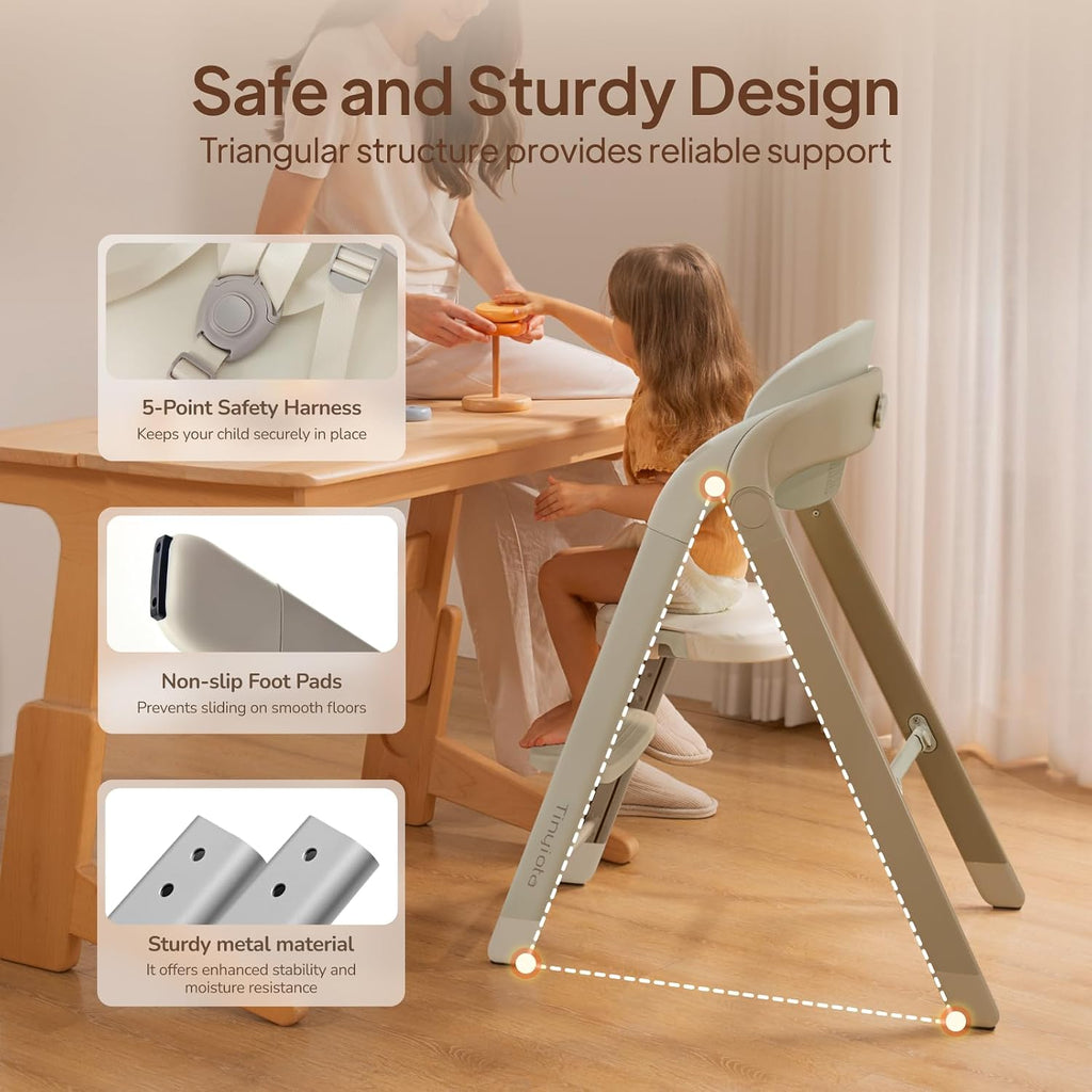 Tinyiota High Chair for Babies and Toddlers, Foldable & 8-Level Adjustable, Removable Tray, Ergonomic Baby Highchair Convertible Chair for Toddler to Adult (Coffee Color)