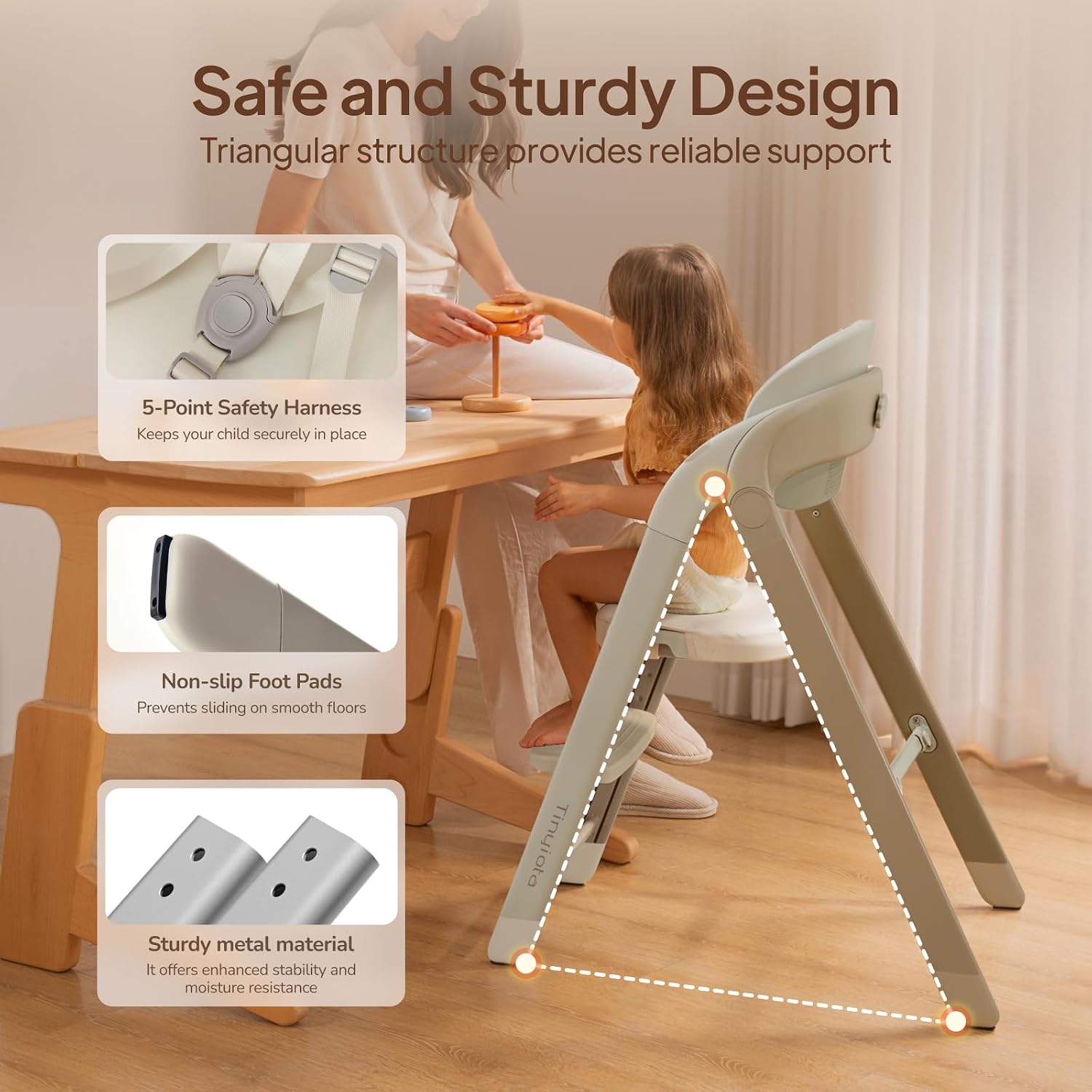 Tinyiota High Chair for Babies and Toddlers, Foldable & 8-Level Adjustable, Removable Tray, Ergonomic Baby Highchair Convertible Chair for Toddler to Adult (Coffee Color)