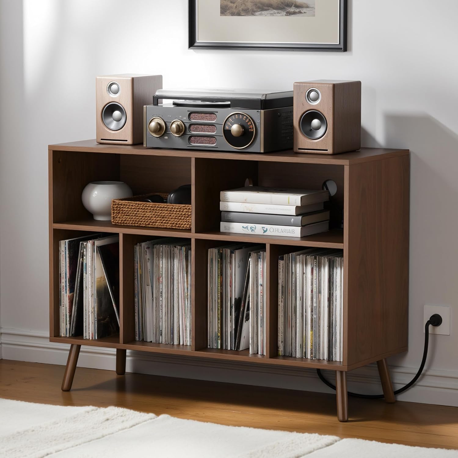 Cozy Castle Record Player Stand with Vinyl Storage Cabinet, Wood Turntable Table Open Shelf Holder Up to 350 Albums Cube Storage Organizer for Living Room, Office, Brown