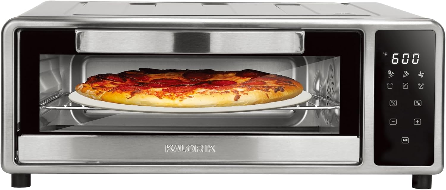 Kalorik MAXX Air Fryer Pizza Oven with Stone, Turbo-Heat Technology Up To 600F Featuring Touchscreen Controls with 6 Preset Functions Fits 12-Inch Pizzas, 1700-Watts, Stainless Steel