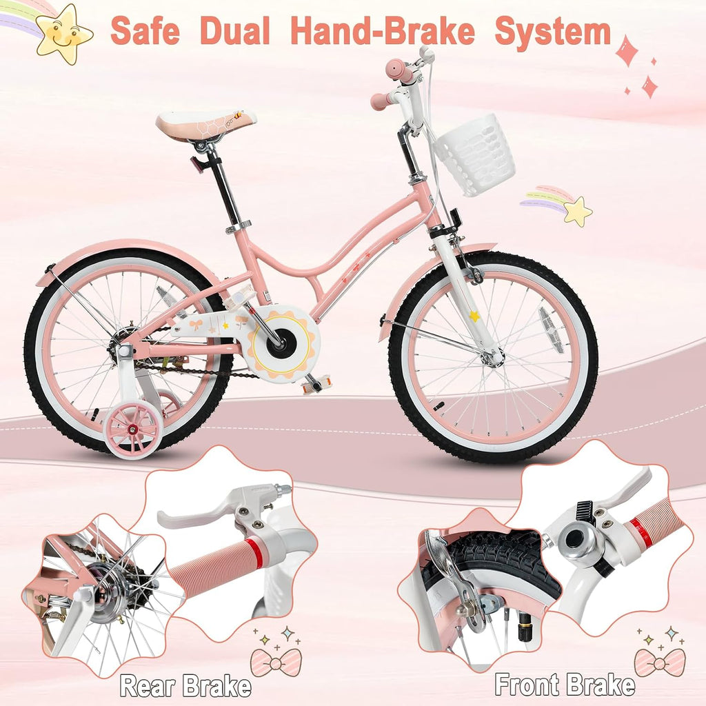 HONEY JOY Kids Bike, 12 14 16 18 20 Inch Toddler Bikes w/Training Wheels, Handbrake & Coaster Brake, Fully Enclosed Chain, Adjustable Handlebar & Seat, Kids Bicycle w/Basket, Girls Boys Bike 3-8