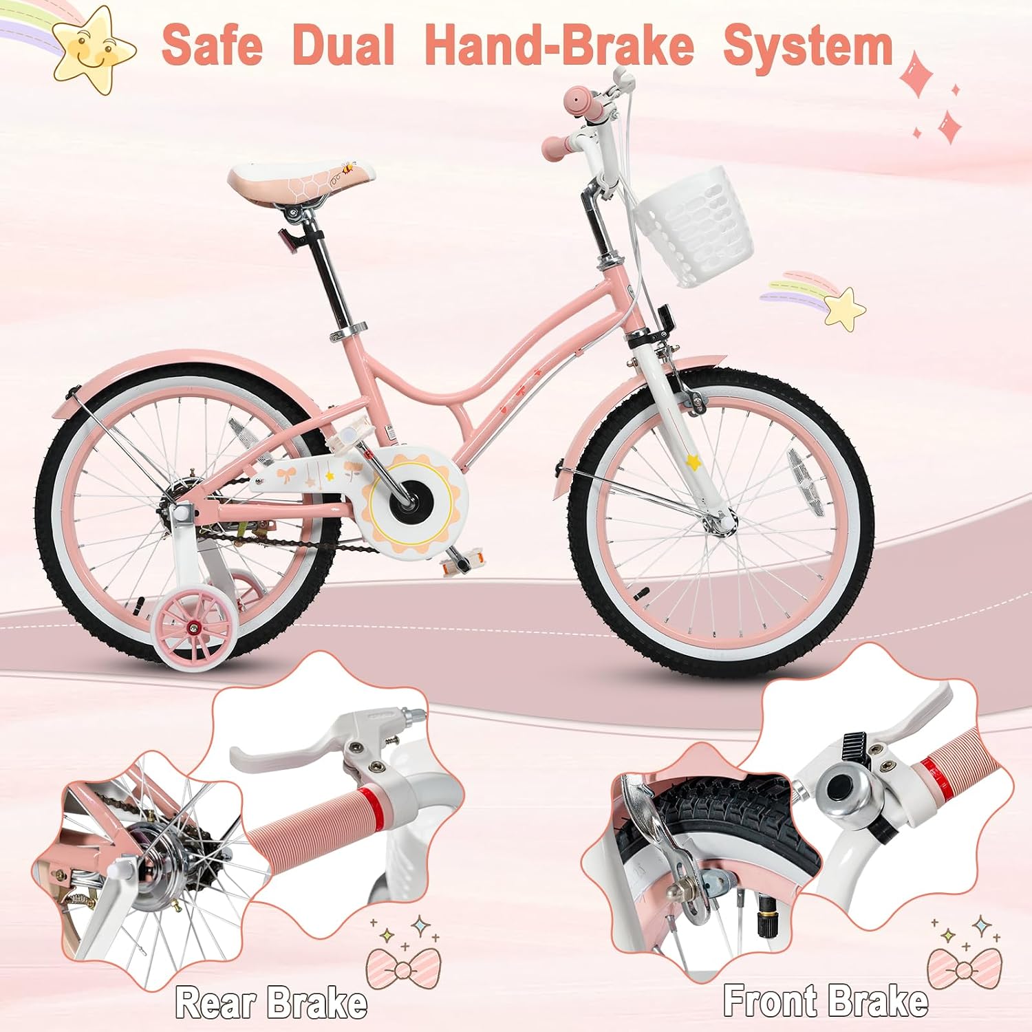 HONEY JOY Kids Bike, 12 14 16 18 20 Inch Toddler Bikes w/Training Wheels, Handbrake & Coaster Brake, Fully Enclosed Chain, Adjustable Handlebar & Seat, Kids Bicycle w/Basket, Girls Boys Bike 3-8