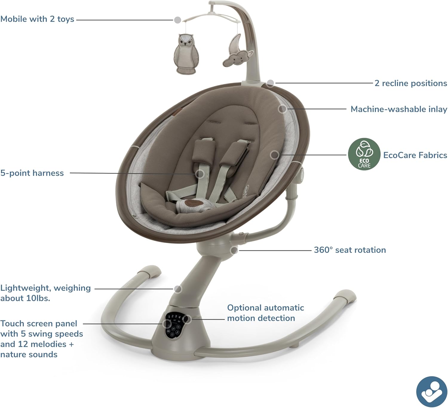 Maxi-Cosi Cassia Smart Baby Swing for Infants, Portable Foldable Swing with Music, 360 Rotation, 5 Speeds, 12 Melodies, EcoCare Fabric, Auto Motion Sensor, 2 Reclines, Truffle