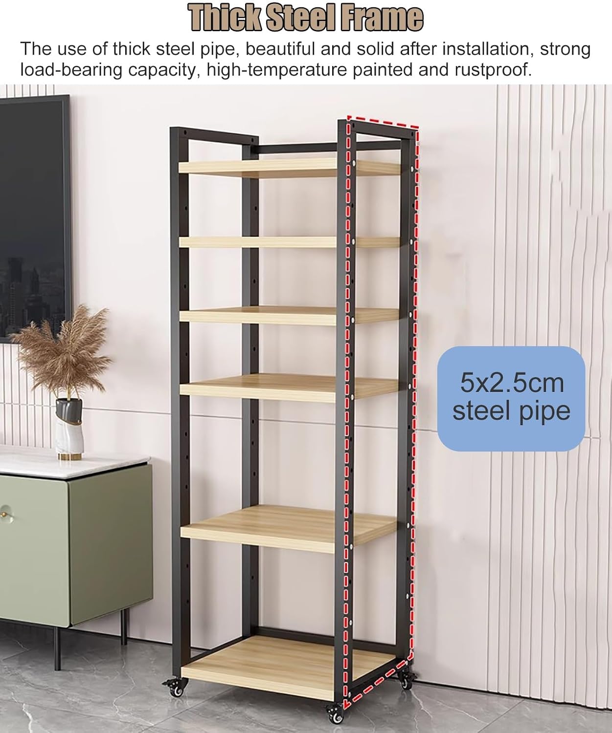 JYHHCYS Tall Stereo Racks and Stands on Wheels Media Storage Cabinet Rack, Black Modern Entertainment Stereo Components Stand, Audio Video Equipment Rack (Size : 5 tier-60cm Wide)