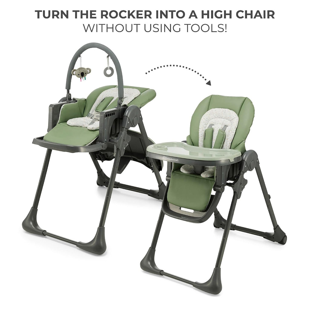 Kinderkraft Tummie, 2-in-1 high Chair, Baby Chair, Ergonomic, Comfortable, Reclining, Foldable, with Ajustable Height, Footrest, Detachable Tray, for Toddler, with Toys, Green
