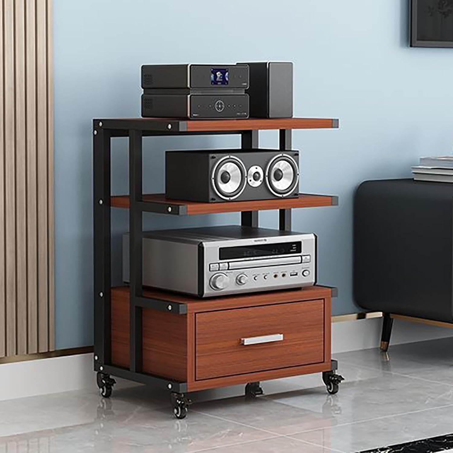 Media Storage Cabinet AV Media Stand 3-Tier Audio Component Rack, Corner Entertainment Center Equipment Console Shelf Thickened Steel Pipe, for Meeting Living(Red)