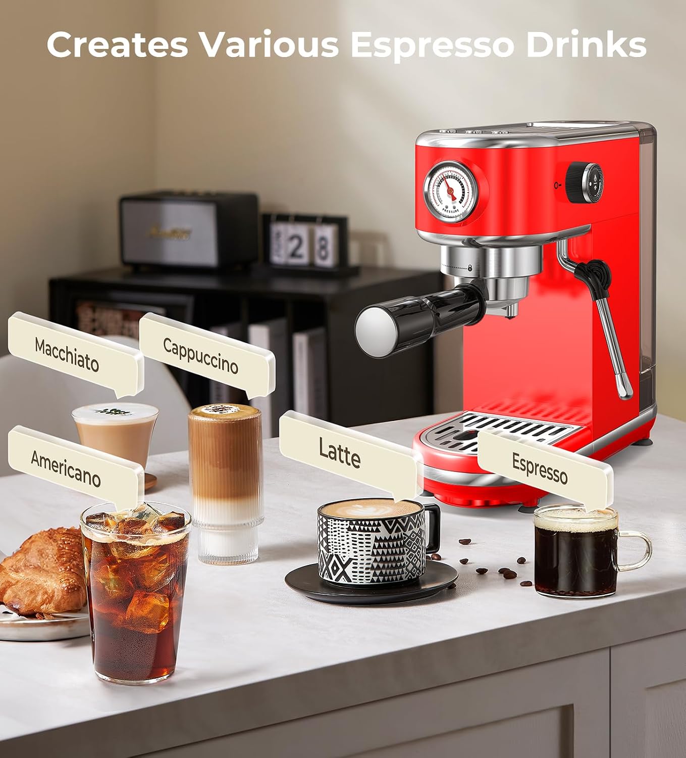 atatix 20 Bar Espresso Machine with Milk Frother, Compact Espresso Maker, Stainless Steel Coffee Machine with Precise Temp Control & 44oz Removable Water Tank for Latte, Cappuccino, Red