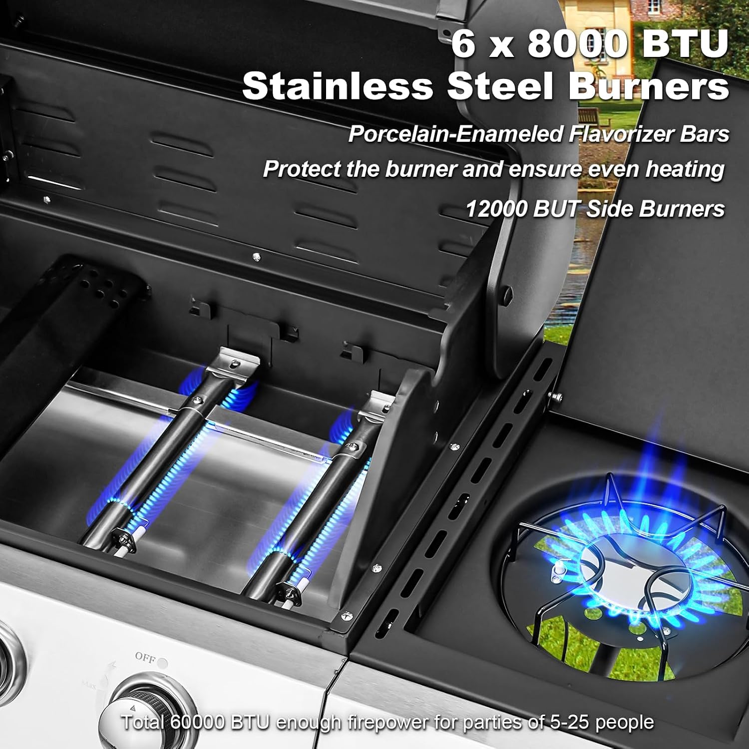MELLCOM Upgraded 60,000 BTU Stainless Steel Burner Barbecue Grill, 6 Burner BBQ Propane Gas Grill with Side Stove & Cast Iron Grates for Patio, Camping, Outdoor Cooking