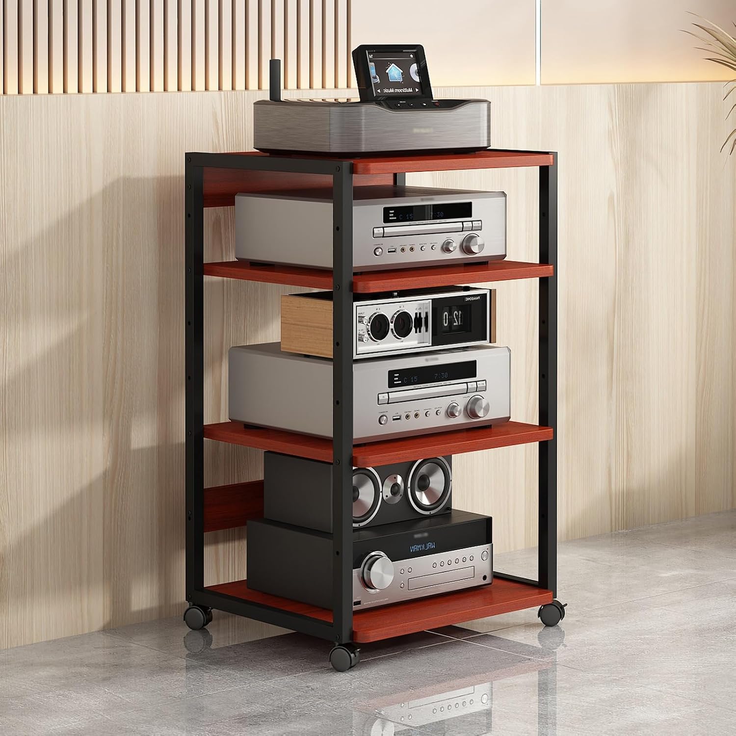 Modern 4-Tier Av Media Console Rack Stereo Stand Cabinet for Game Systems & Audio Equipment Corner Entertainment Center with Wooden Shelves