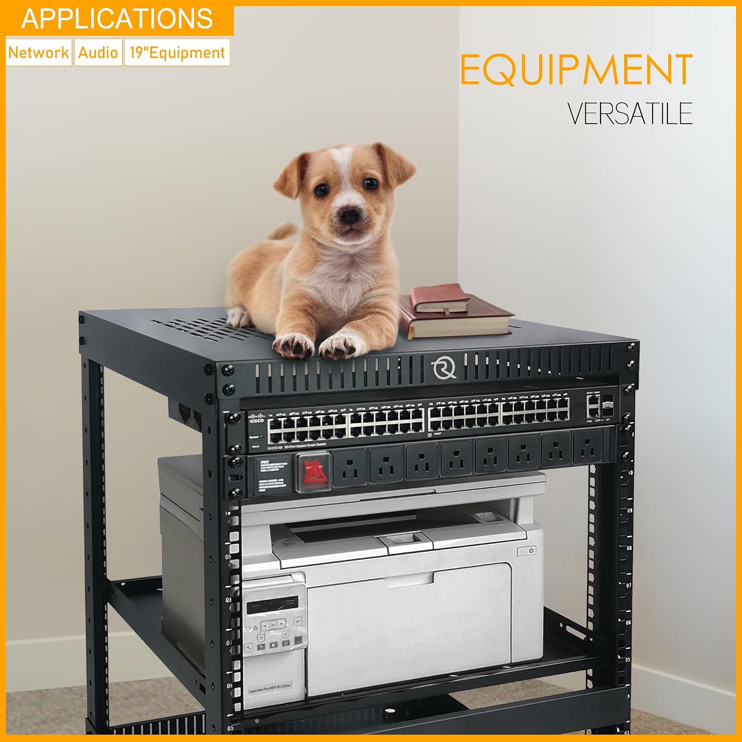 RIVECO 9U Network Rack with Reinforced Top Cover - 4 Post Floor Rack on Wheels for 19' Equipment & Stereo Gear- Including Rack Mount Power Strip & 1PCS 1U Rack Shelf