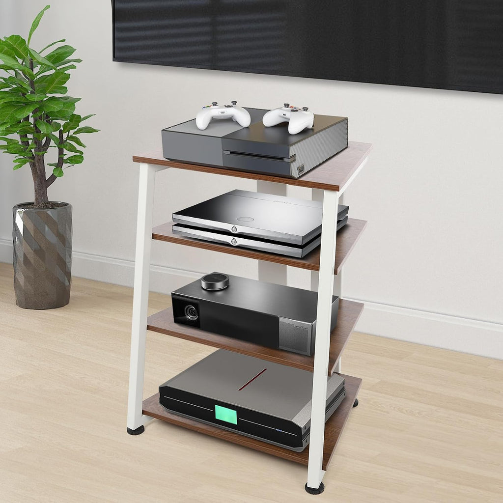 4-Tier AV Media Stand Corner Shelf Wooden Stereo Cabinet Audio Rack Tower for Audiovisual Equipment/DVD Players/CD Changers/Game Consoles