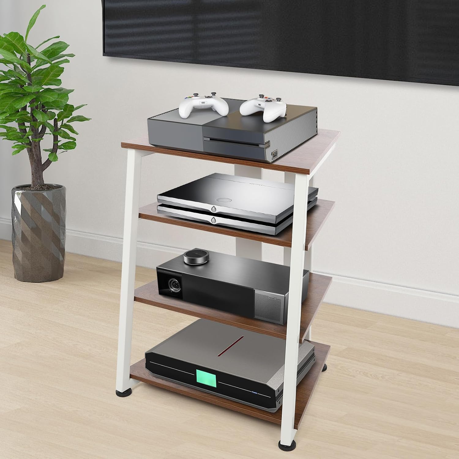 4-Tier AV Media Stand Corner Shelf Wooden Stereo Cabinet Audio Rack Tower for Audiovisual Equipment/DVD Players/CD Changers/Game Consoles