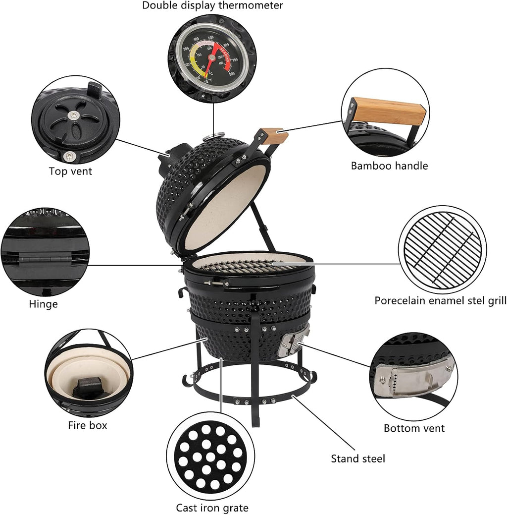 Outvita Ceramic Grill, 13' Round Kamado Charcoal Grill, Portable Barbecue Grill with Thermometer for Variations on Cooking Methods(Black)