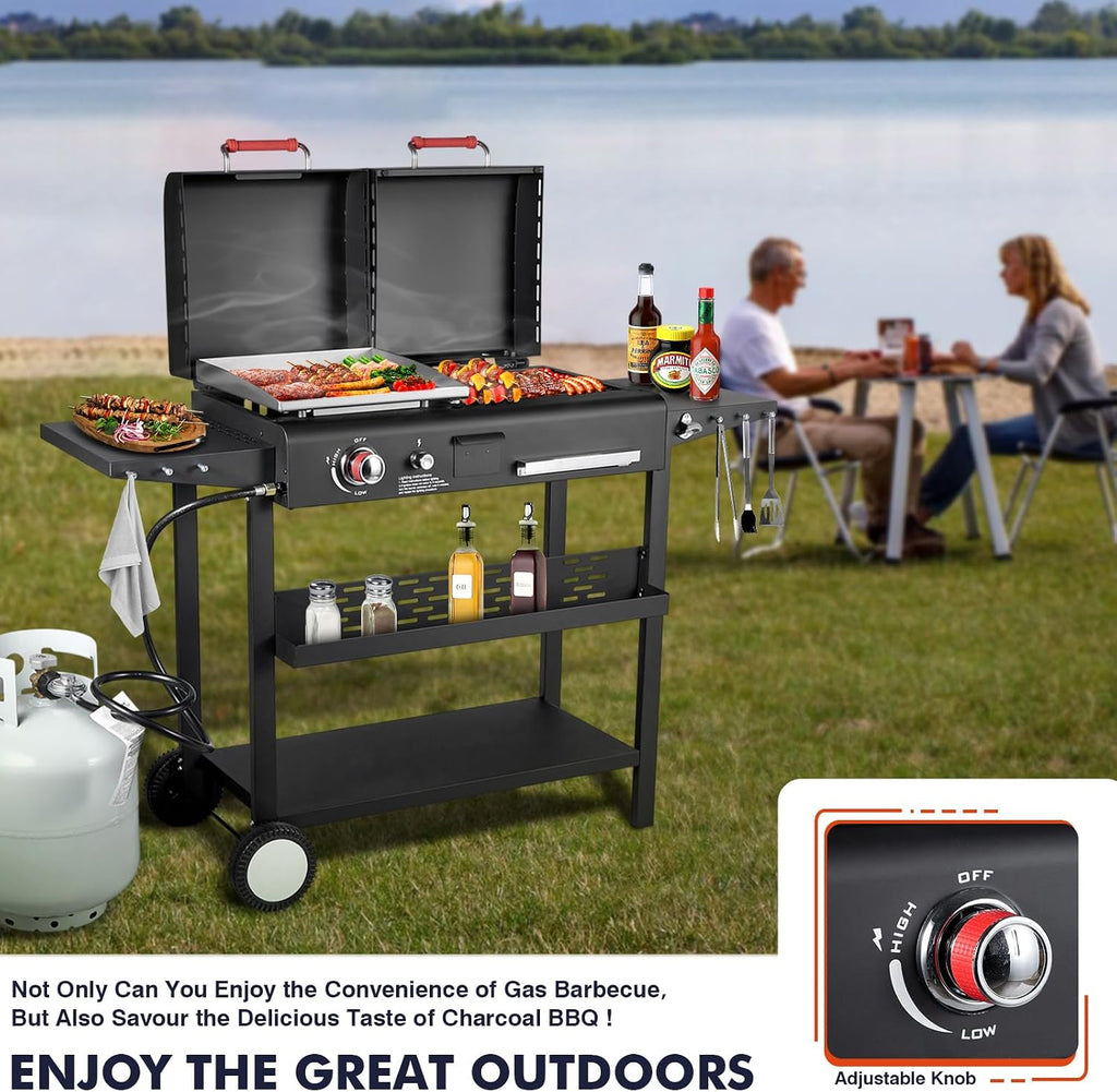 Propane and Charcoal Grill Combo, Gas Griddle Grill Combo Two Fuel BBQ Grills with Long Silicone Non-Slip Grill Gloves, Dual Fuel Lids and Side Shelves