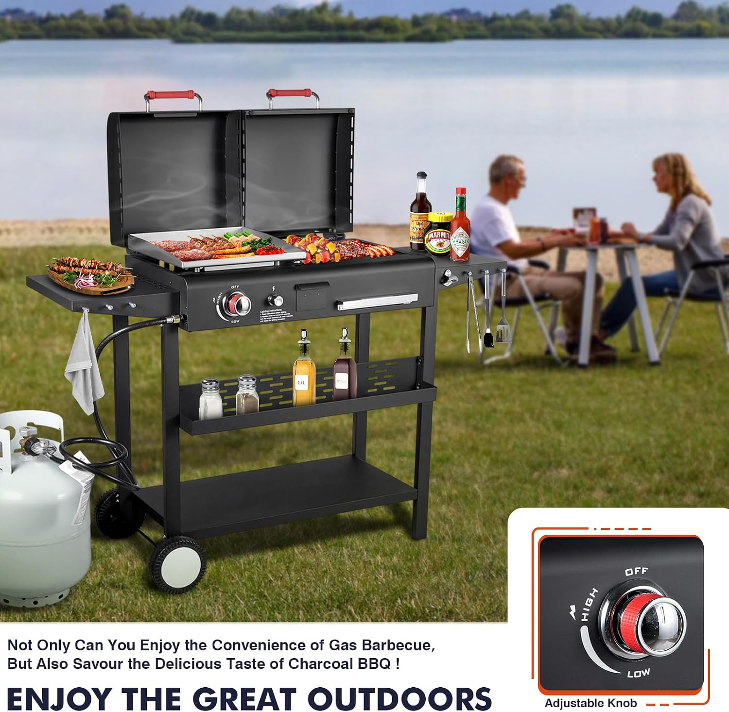 Propane and Charcoal Grill Combo, Gas Griddle Grill Combo Two Fuel BBQ Grills with Long Silicone Non-Slip Grill Gloves, Dual Fuel Lids and Side Shelves