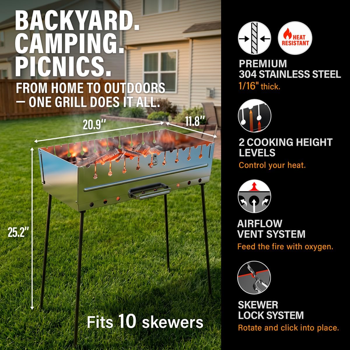 Stainless Steel Charcoal Grill for 10 Skewers – Portable BBQ 20.87'×11.81'×25.2' – Foldable Kabob Mangal – Durable Rustproof Grill for Picnic & Camping (Skewers Not Included)