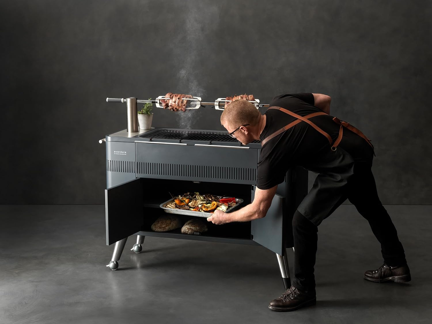 Everdure by Heston Blumenthal HUB 54-In. Charcoal Grill With Patented Built-in Rotisserie System & Quick Electric Ignition, Outdoor BBQ, Electric Starter, Adjustable Height, Easy Clean-Up, Matte Black