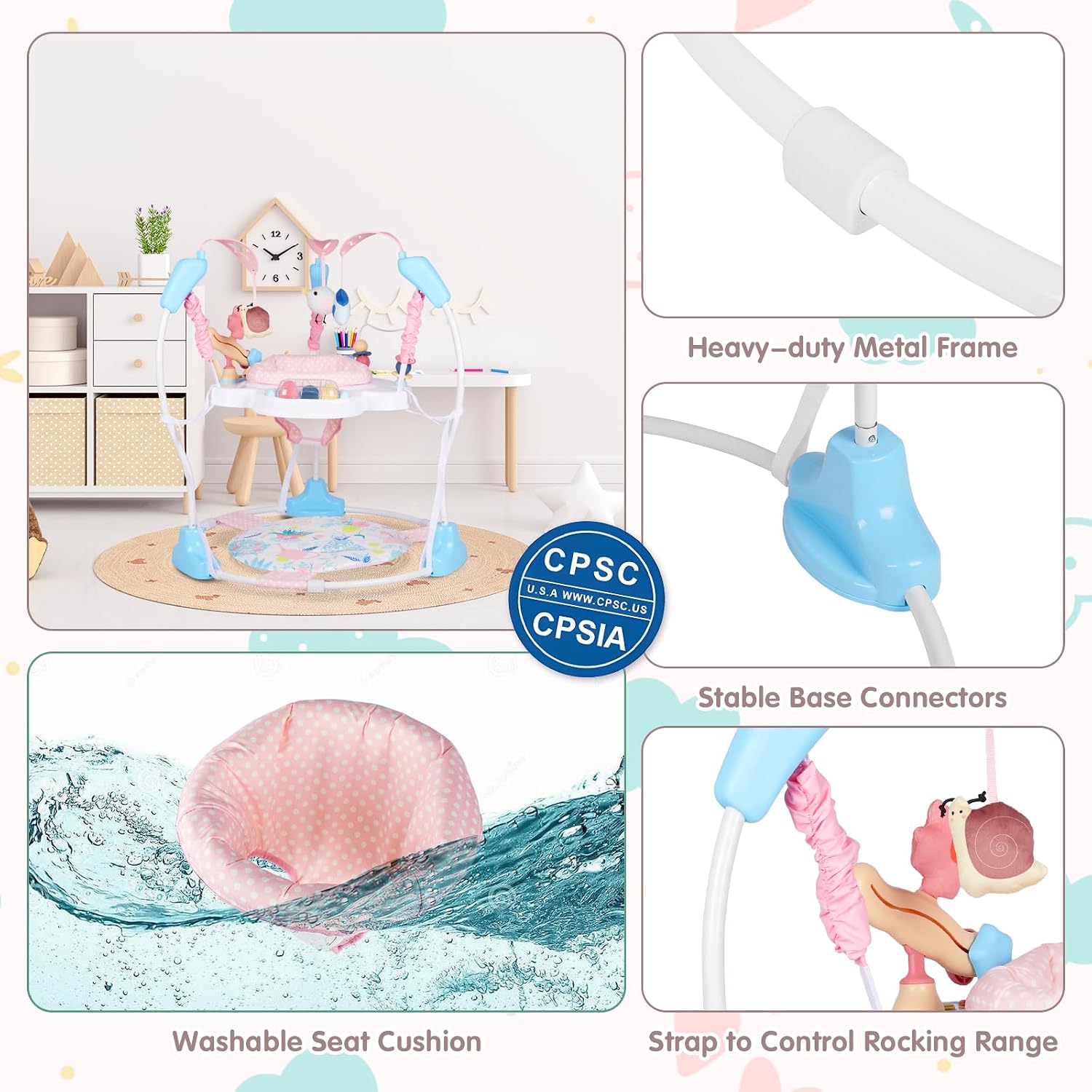 Baby Activity Center, 3-in-1 Baby Jumper, Infant Activity Center with 360° Rotating Seat, Music, Lights, 3 Adjustable Heights, Infant Activity Jumper for 6+ Months JP2402