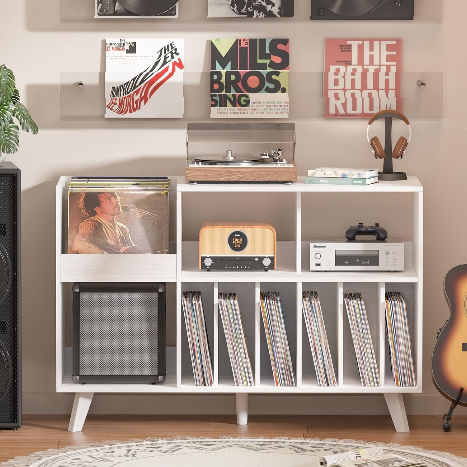 LELELINKY Large Record Player Stand, 48''Turntable Stand with Storage, Vinyl Record Holder with Display Area, Record Player Table Holds Up to 450 Albums, Record Stand for Music Room Living Room