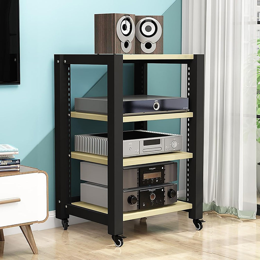 Gaming Shelf for Record Player & Audio Equipment - Stereo Stand, CD/DVD Display Cabinet, Media AV Rack with Wooden Shelves, Corner Storage for Projector, PS5, Game Console, Cable Box