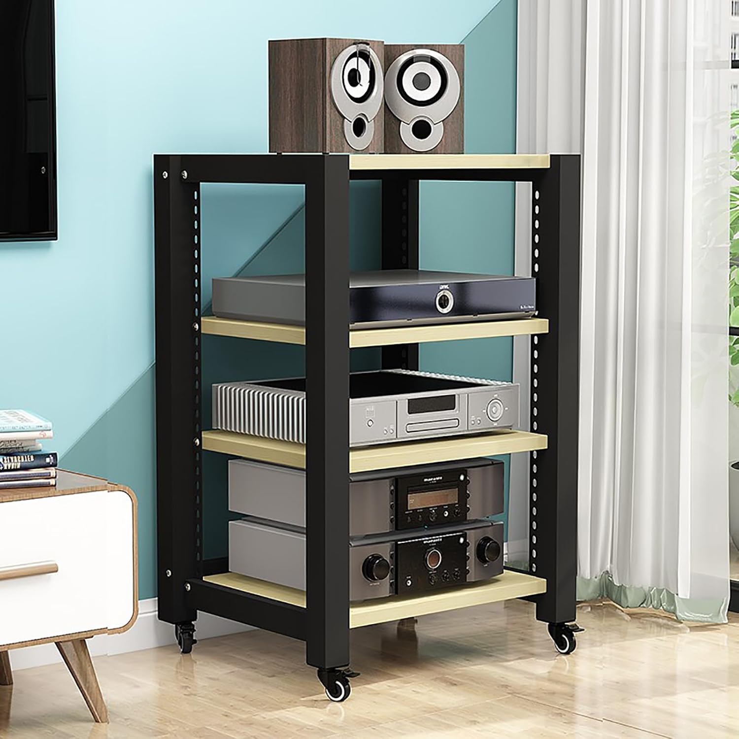 Gaming Shelf for Record Player & Audio Equipment - Stereo Stand, CD/DVD Display Cabinet, Media AV Rack with Wooden Shelves, Corner Storage for Projector, PS5, Game Console, Cable Box
