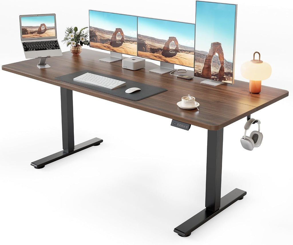 Cubiker Standing Desk, 63x28 Inches Sit Stand Home Office Desk, Electric Stand up Desk, Adjustable Desk with Splice Board, Black Frame/Black Walnut Top