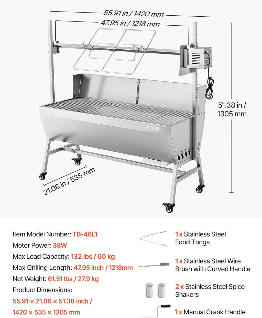 VEVOR Rotisserie Grill, 46in BBQ Outdoor Pig & Lamb Spit Roaster, Charcoal Spit Roaster with 132 LBS Capacity, Wheels, 4-Level Height, Stainless Steel Electric Rotisserie Grill Kit for Camping Outdoor