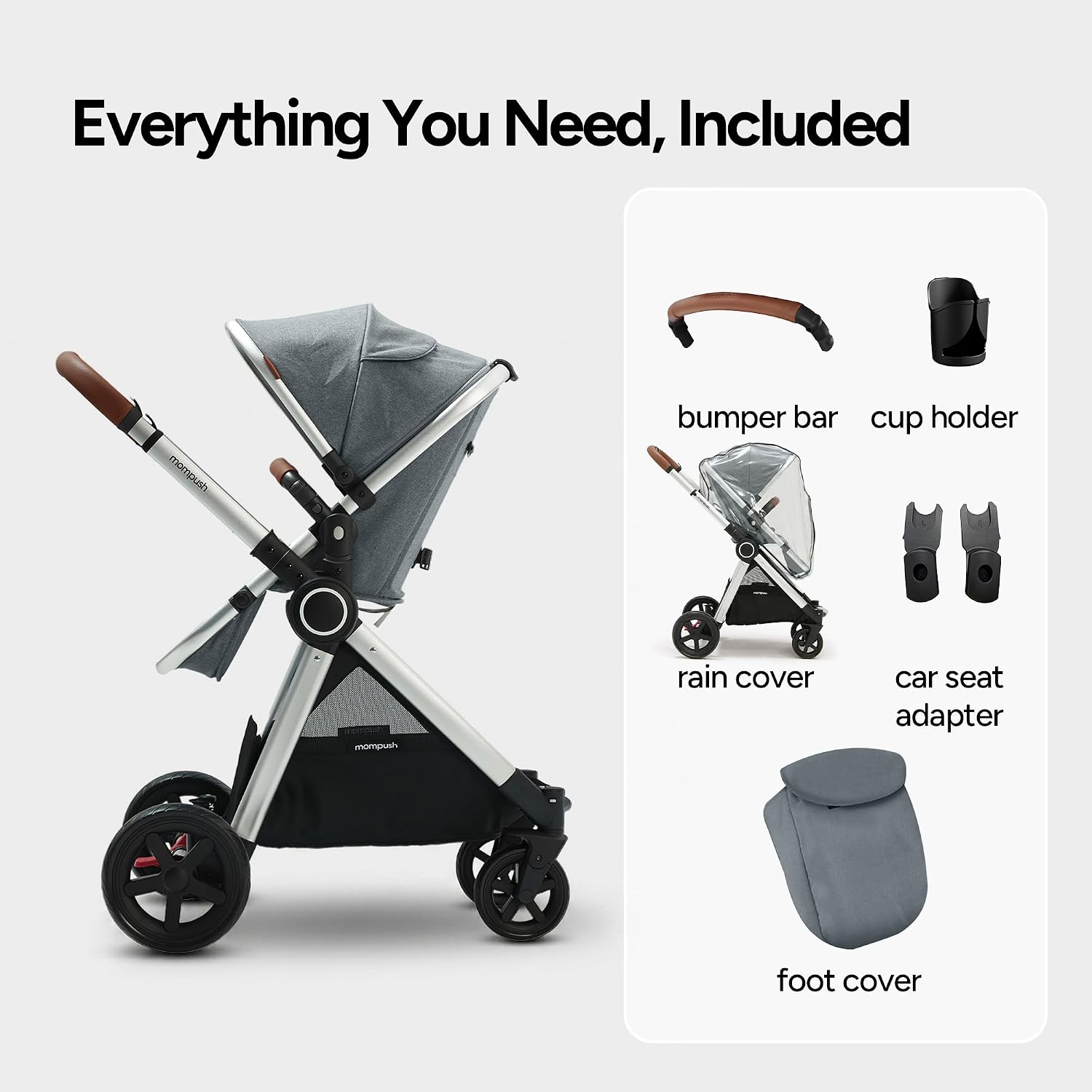 Mompush Ultimate2 Baby Stroller, Premium Convertible Full-Size Stroller for Toddler, Reversible Seat with One Hand Recline Adjustment, Car Seat Adapter Included